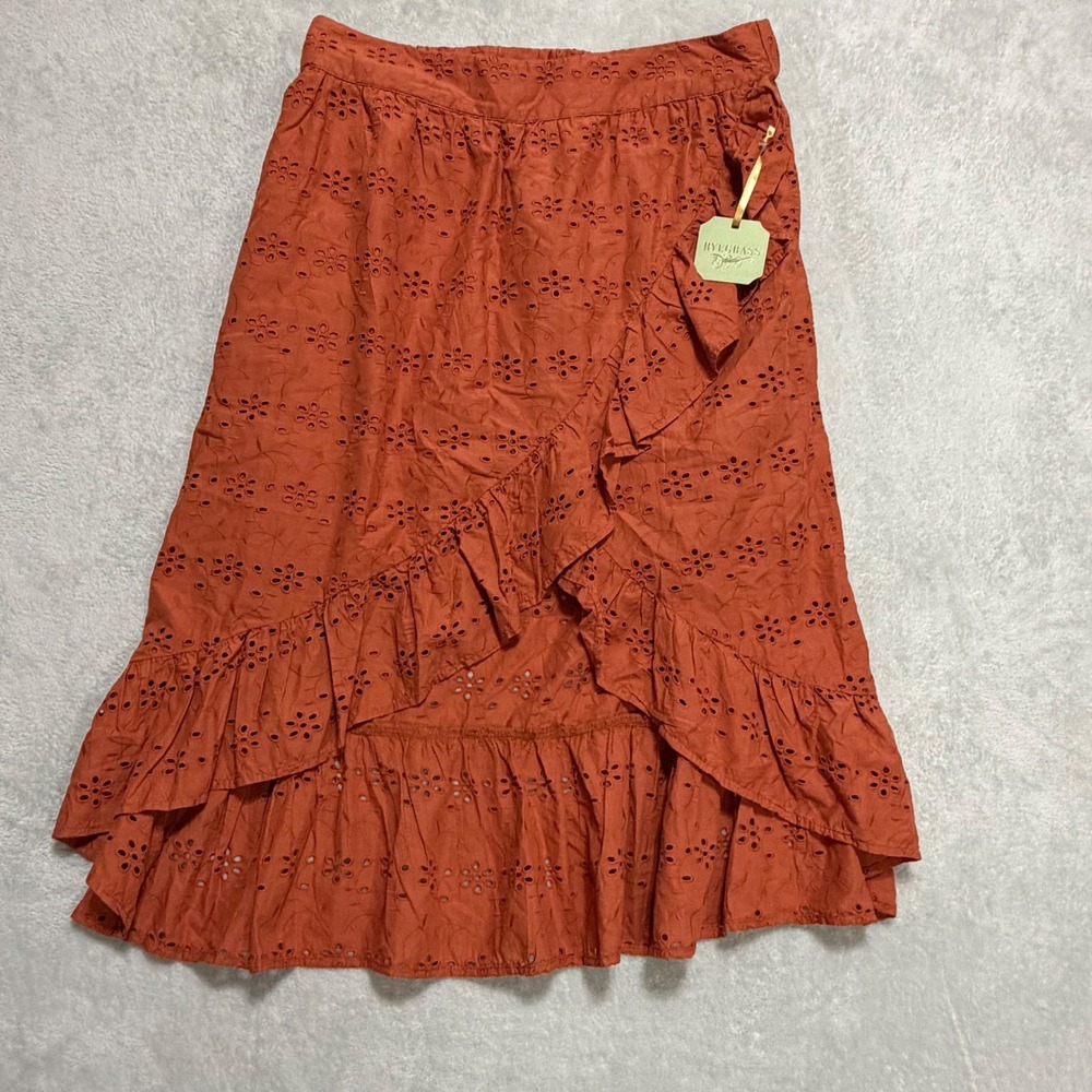 Ryegrass Eyelet Ruffle Midi Skirt Women XL Foxtail Orange Boho Cotton Autumn - Picture 2 of 10